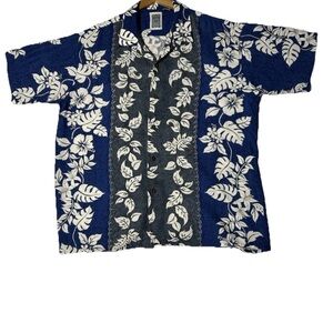 Ocean Current Vintage 100% Rayon Men's Hawaiian Shirt Blue White Floral